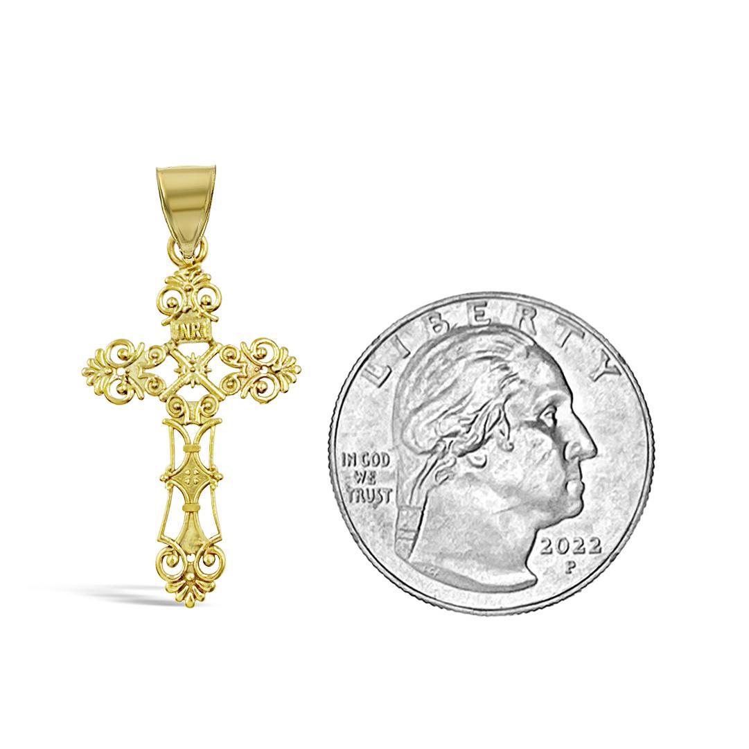 10K Yellow Gold INRI Filigree Cross Pendant Religious Charm 1.3 inch