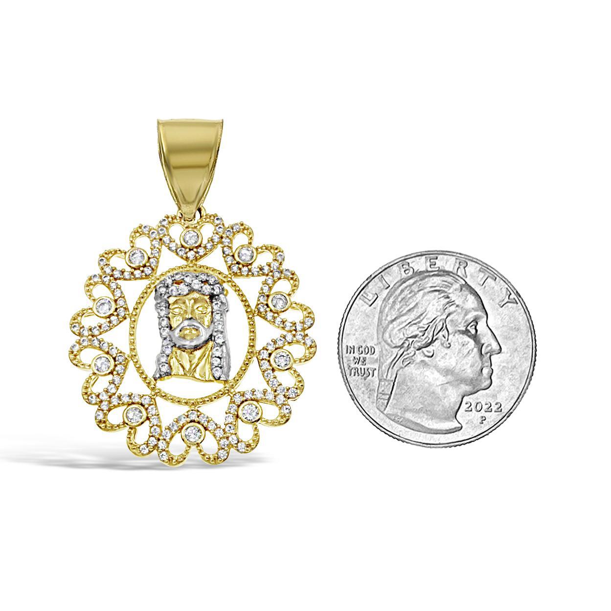 14K Two Tone Gold Jesus Head Heart Frame Pendant With CZ Religious Charm 1.6 in