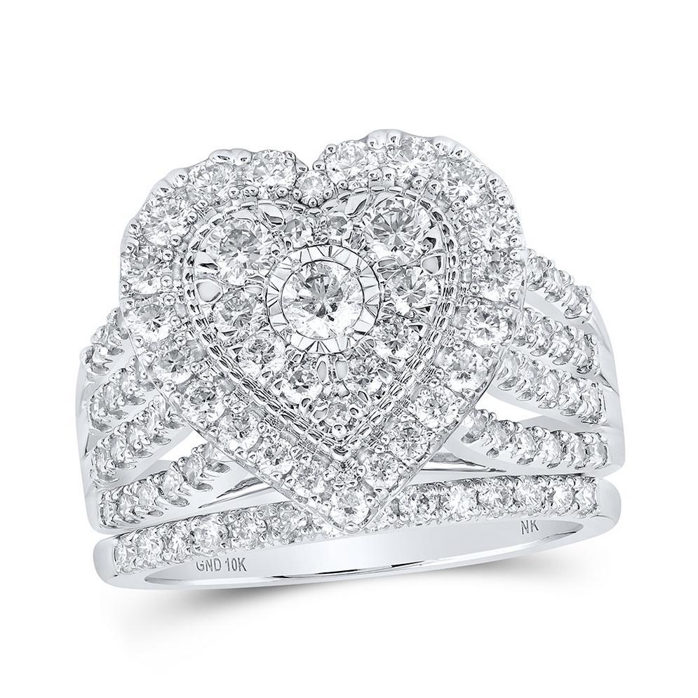 1.48ctw Round Diamond Heart Cluster Bridal Wedding Ring Set 10k White Gold