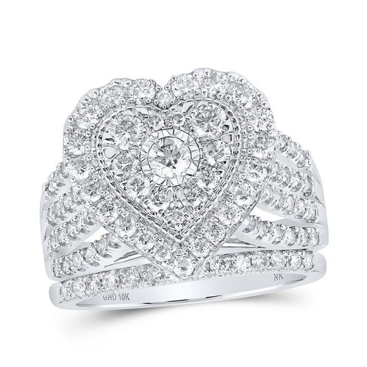 1.48ctw Round Diamond Heart Cluster Bridal Wedding Ring Set 10k White Gold