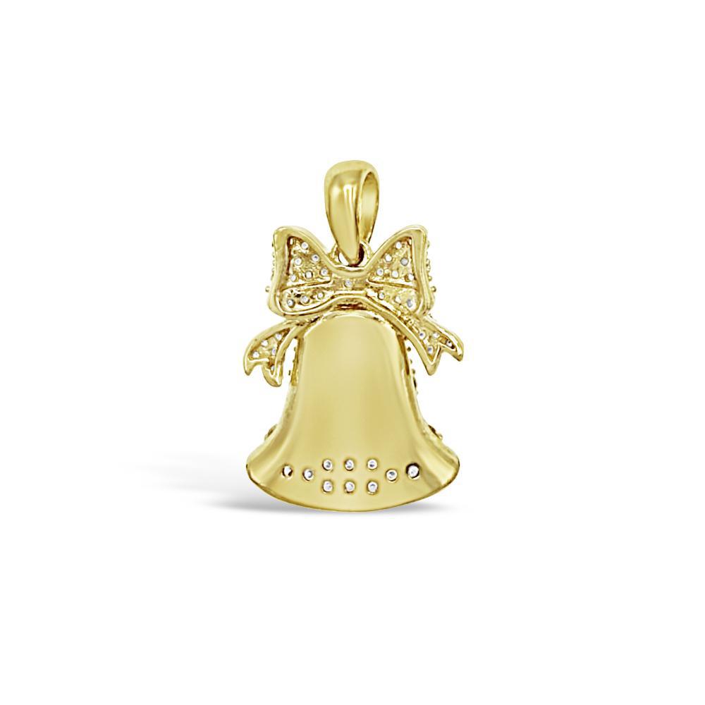 10K Yellow Gold Christmas Bell Pendant CZ Charm 0.9"