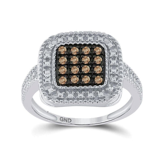 Sterling Silver Womens Round Brown Diamond Square Cluster Ring 1/5 Cttw
