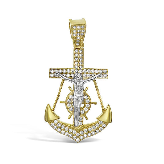 10k Yellow Gold Anchor Jesus Crucifix Pendant CZ Charm 1.7"