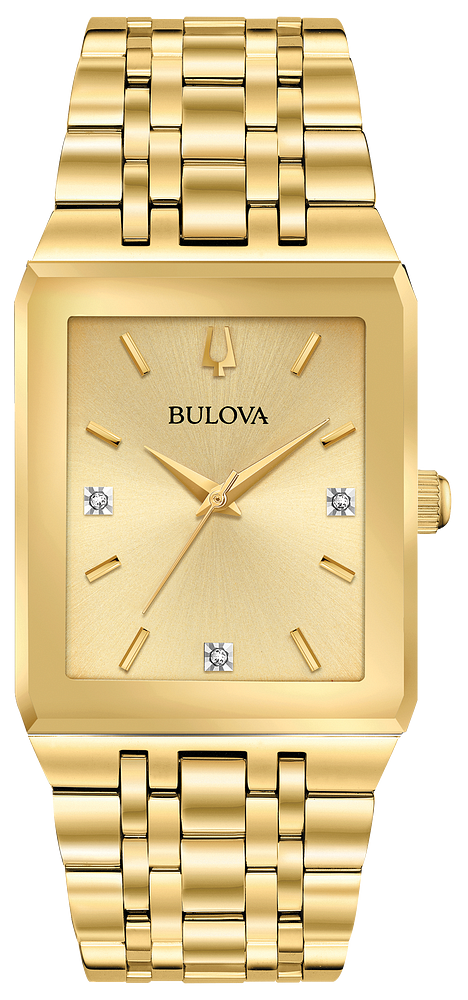 Bulova Quadra Diamonds Rectangle Gold Dial Mens Watch 97D120