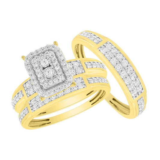 1.00ctw Diamond Trio Wedding His Hers Ring Set 10k Gold Emerald Shape