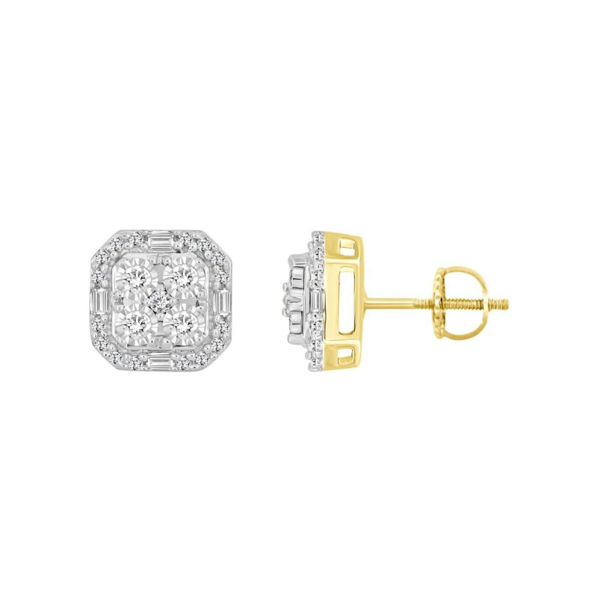 0.25 ctw Baguette Diamond Octagon Mens Stud Earrings 10k Yellow Gold Screw Back