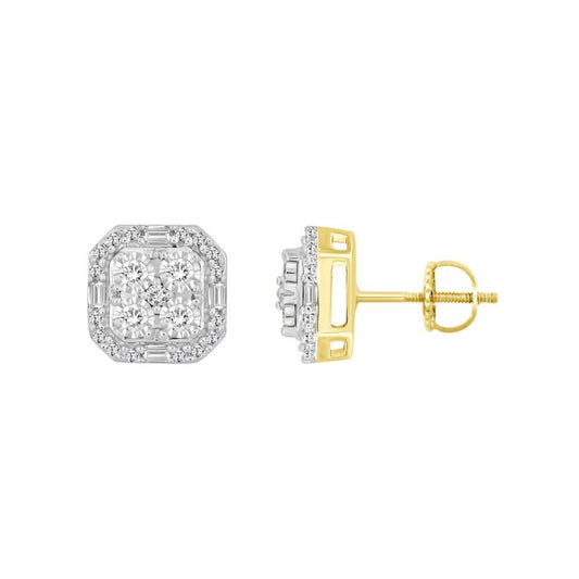 0.25ctw Diamond Square Cluster Stud Earrings 10K Yellow Gold Screw Bac