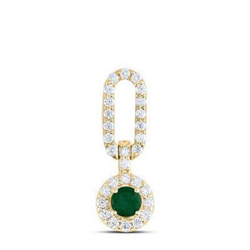 Natural Round Emerald & Diamond Paper Clip Pendant Charm 14k Yellow Gold