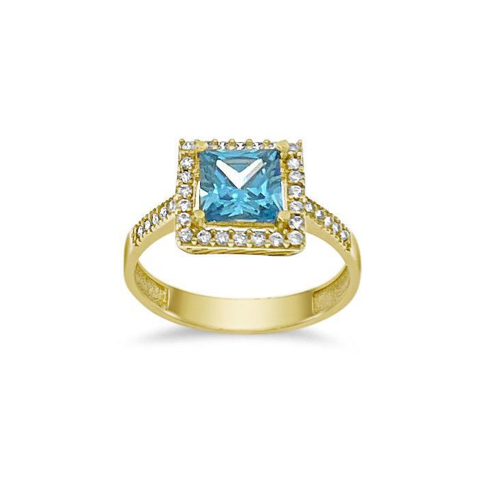 14K Yellow Gold Blue CZ Princess Cut Halo Ring