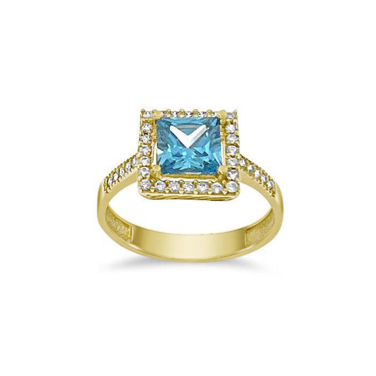 14K Yellow Gold Blue CZ Princess Cut Halo Ring