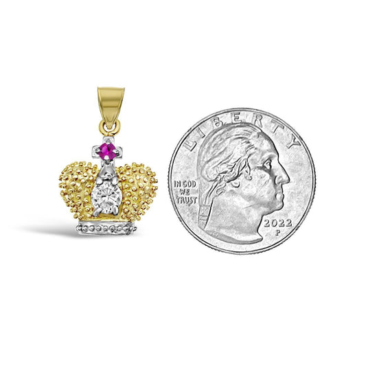 10k Two tone Gold Crown Rose CZ Pendant Charm 0.9 inch