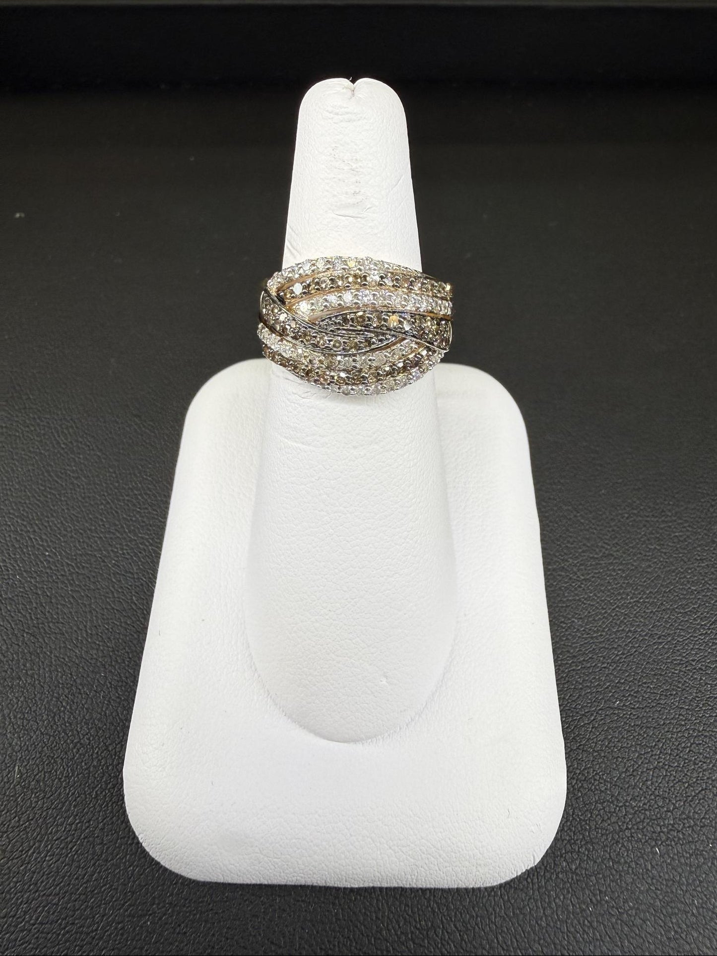 1ctw Diamond Multi Row Crossover Ring 10K Yellow Gold