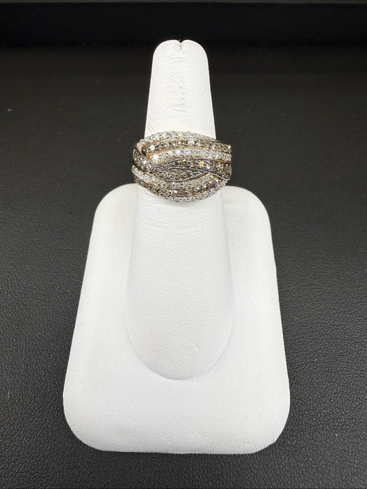 1ctw Diamond Multi Row Crossover Ring 10K Yellow Gold
