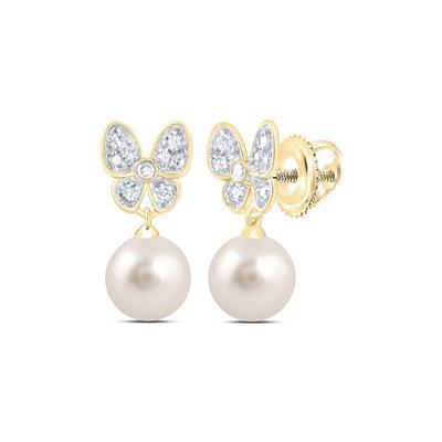 Natural Pearl 6mm & Diamond Butterfly Drop Stud Earrings 10k Yellow Gold