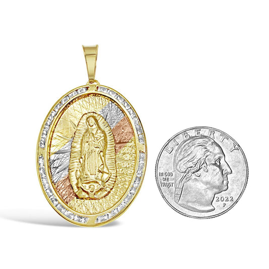 Virgin Mary Guadalupe Pendant 10K Tri Color Gold CZ Oval Religious