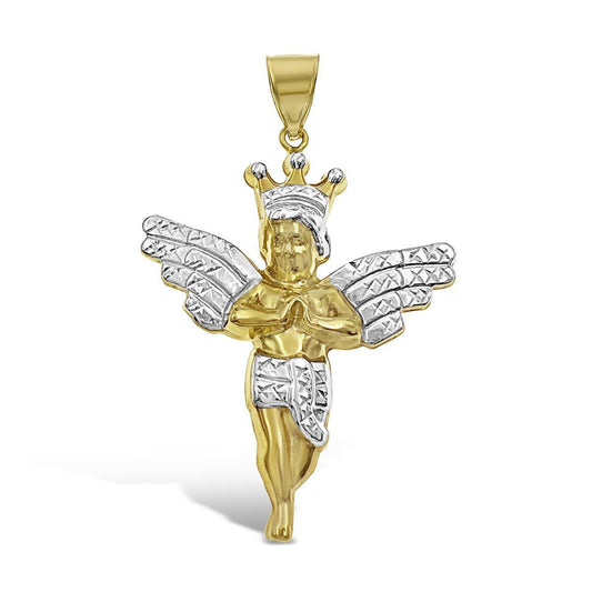 Praying Angel Crown Pendant 10k Gold Charm 2.2"