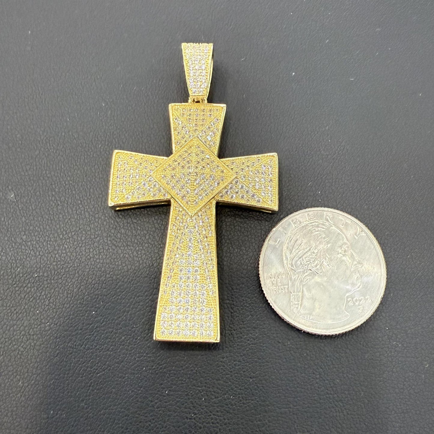 Cross Pendant Charm 925 Sterling Silver Gold Plated Iced Out