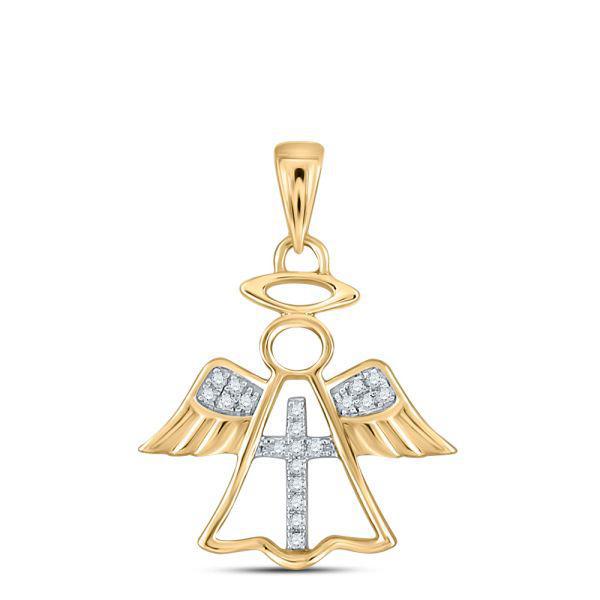 Diamond Angel Wings Cross Charm Pendant 10k Yellow Gold