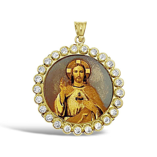 14k Yellow Gold Jesus Sacred Heart Pendant Medal Round Charm 1.2"