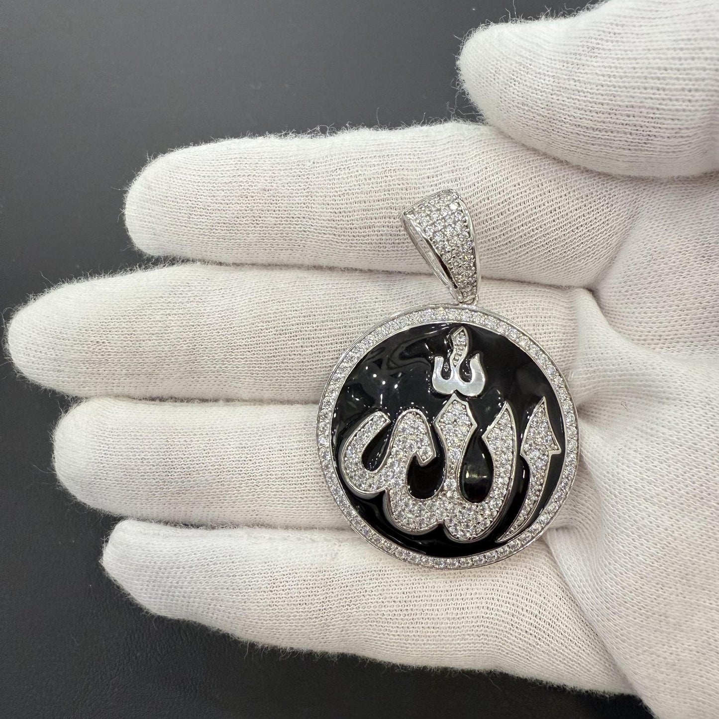 Allah Muslim Charm Black Enamel 925 Sterling Silver Pendant Cz 1.9"