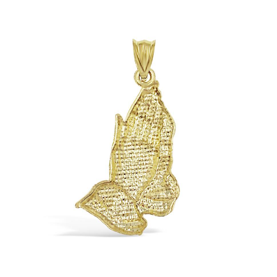10K Yellow Gold Praying Hands Pendant Mens Charm 1.2 in