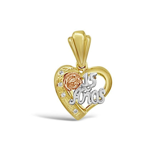 Pendant 10K Tri Color Gold CZ Heart Charm 0.9"