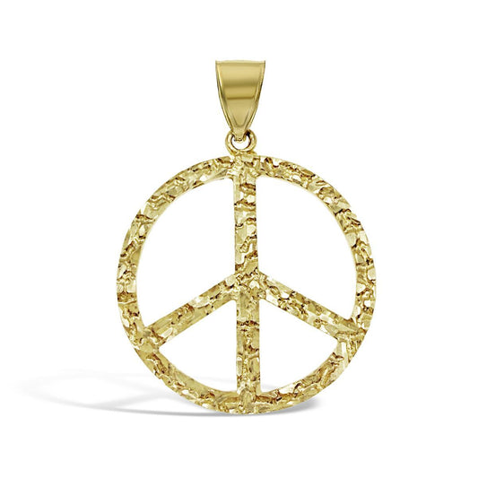 10K Yellow Gold Round Charm Friendship Pacifism Pendant 1.5 in