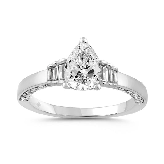 2 cttw Lab Grown Pear Diamond Halo Baguette Round Engagement Ring 14k White Gold