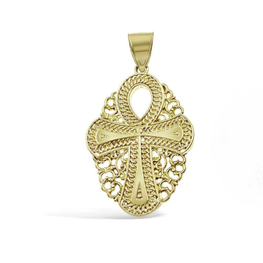 Egyptian Ankh Cross Filigree Pendant Charm 14k Yellow Gold 1.5 inch
