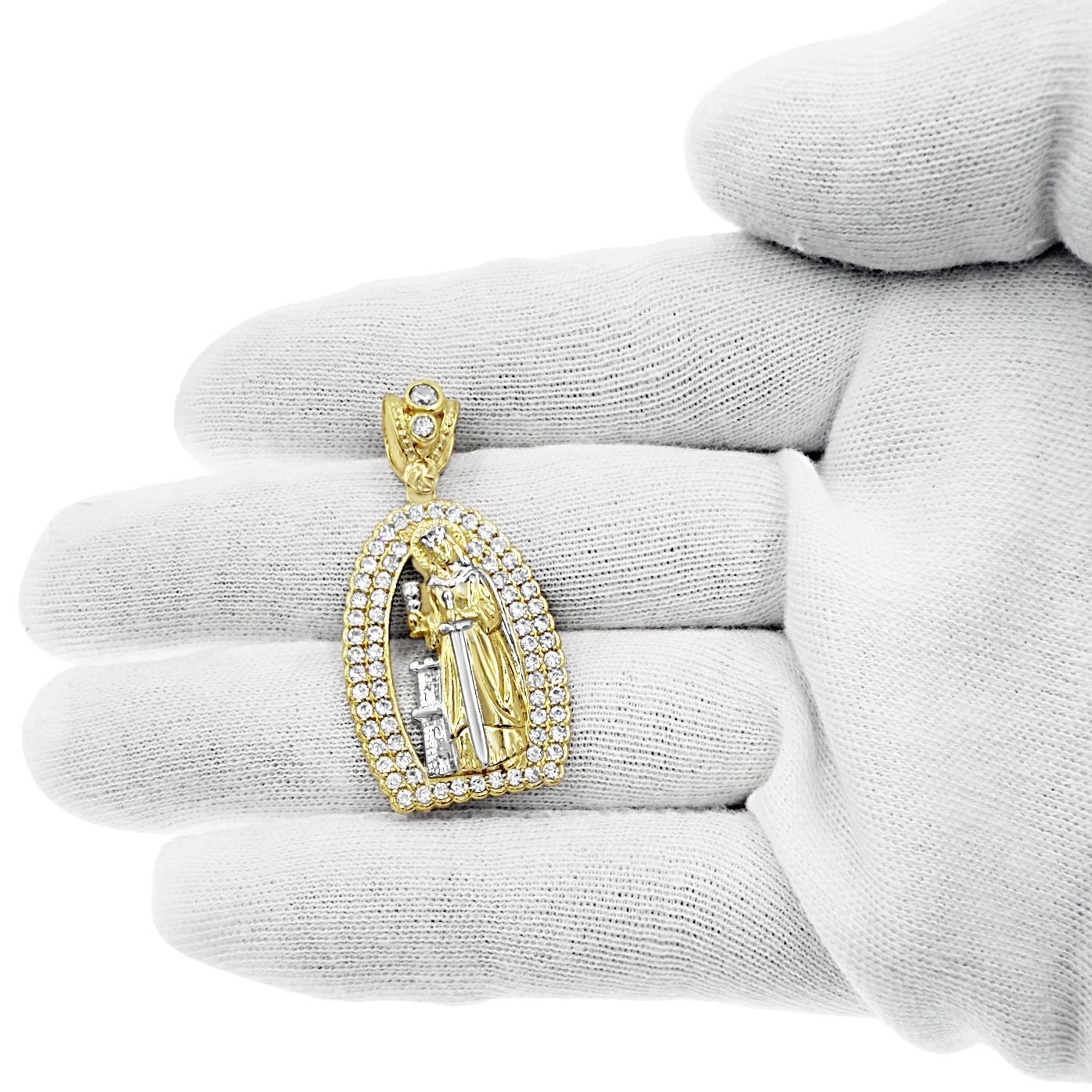 14K Yellow White Gold Saint Barbara Pendant CZ Religious Mens Charm 1.5 inch
