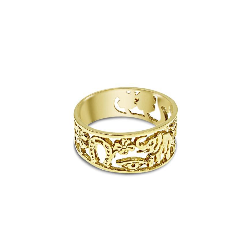 14K Yellow Gold Good Luck Band Ring Elephant Owl Cut out