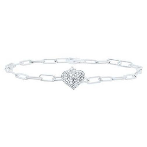 Diamond Heart Charm Paper Clip Chain Bracelet 925 Sterling Silver