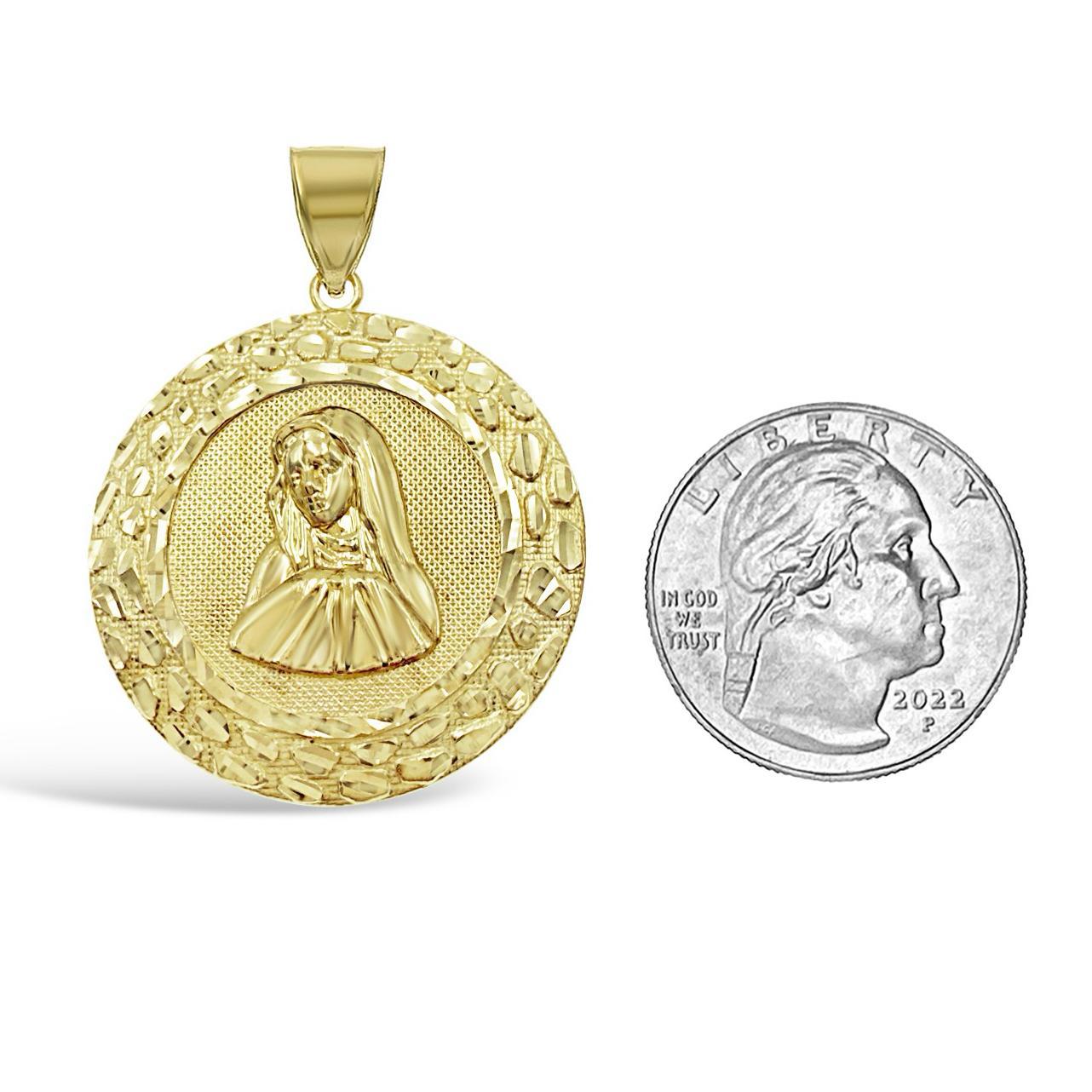 Virgin Mary Pendant Lady Guadalupe Charm 10k Yellow Gold 1.6 inch