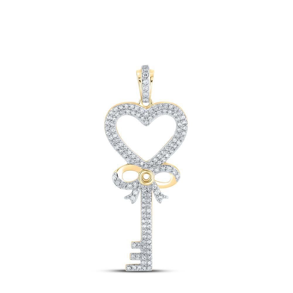 0.48ctw Diamond Heart Key Pendant 10K Yellow Gold Bow Design