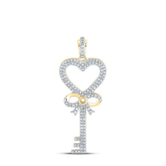 0.48ctw Diamond Heart Key Pendant 10K Yellow Gold Bow Design