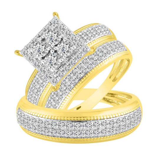 1 Cttw Diamond Square Cluster Unisex Wedding Ring Band Set 10k Yellow Gold