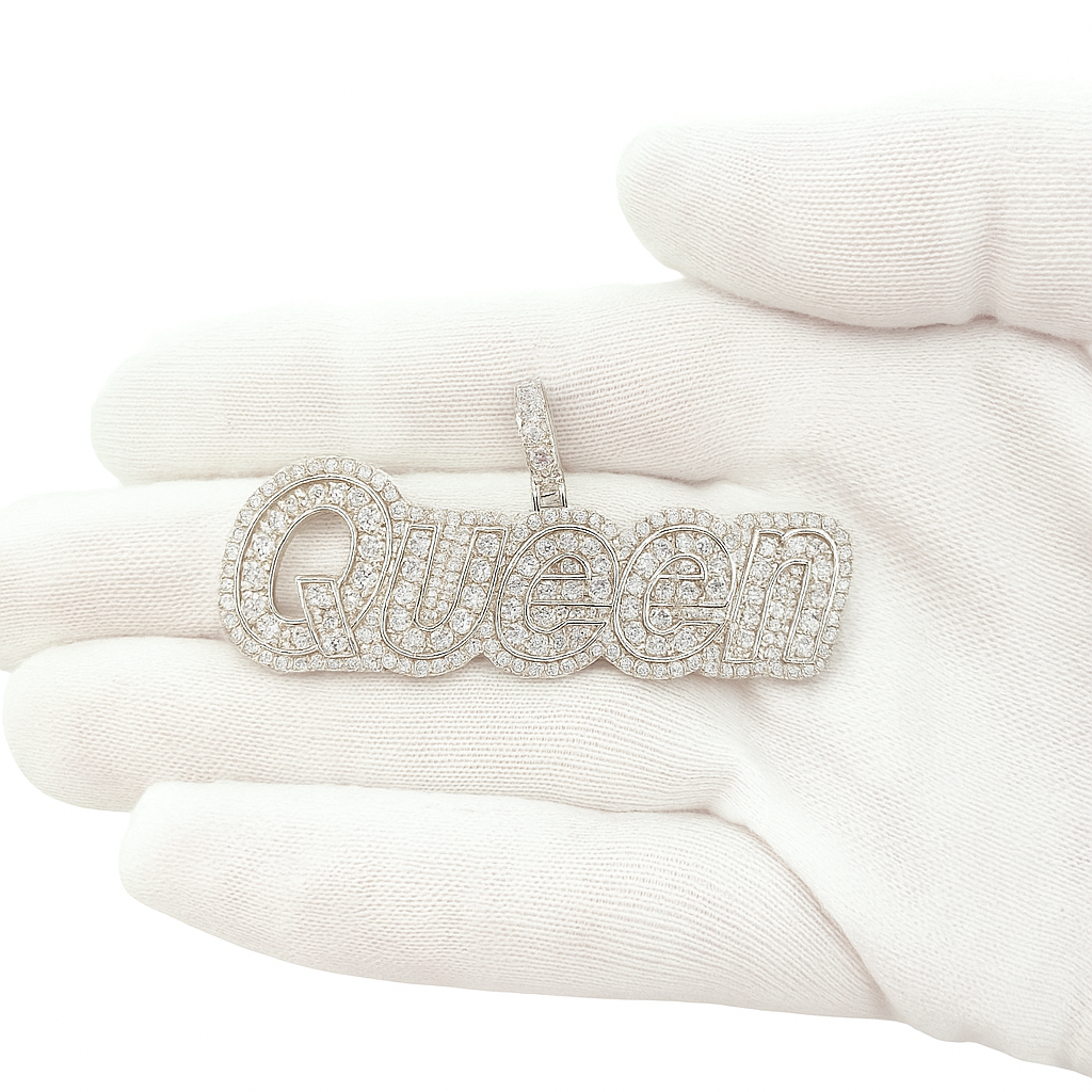 Queen Sign Pendant 925 Sterling Silver CZ Iced Out Bling Charm