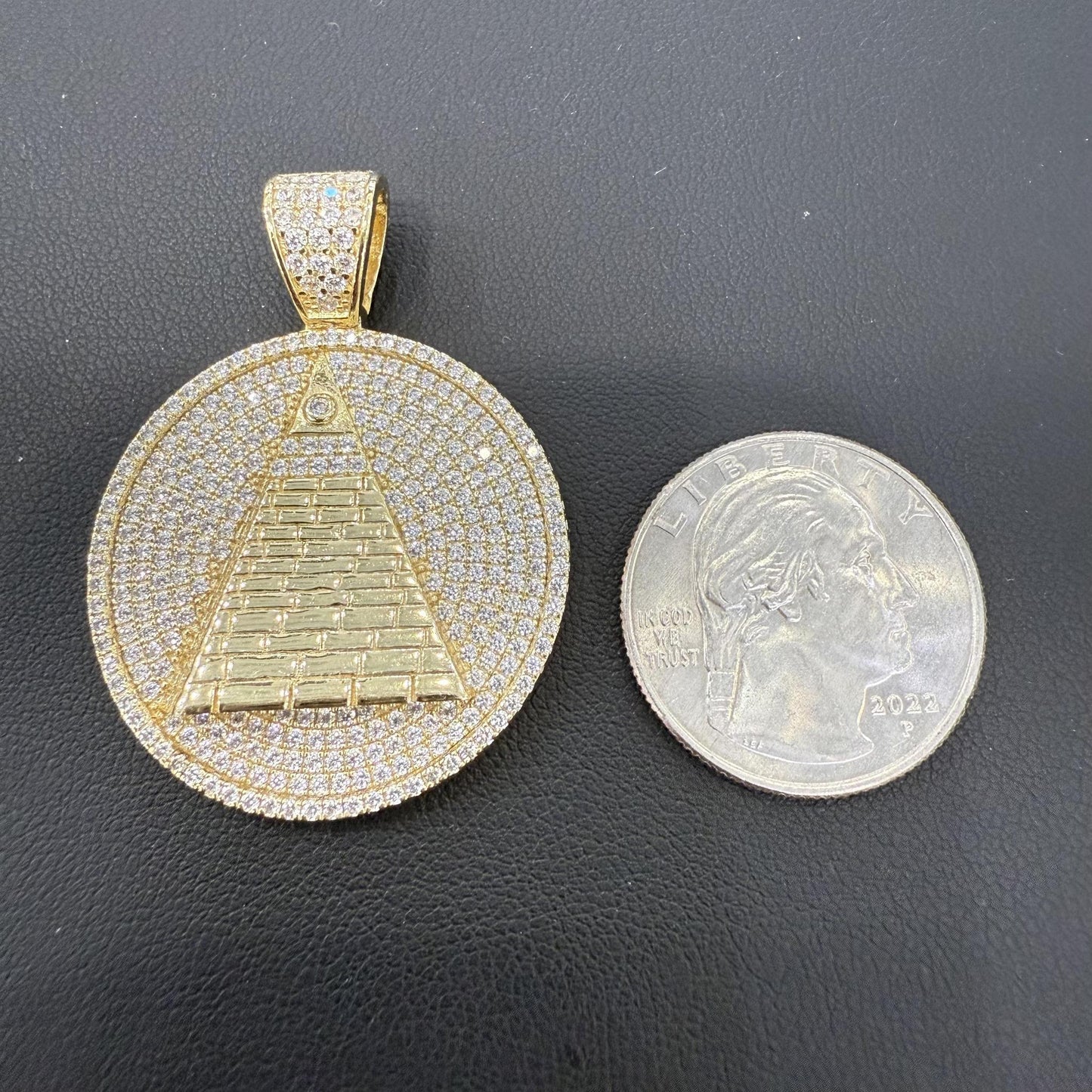 925 Sterling Silver Gold Plated CZ Pyramid All Seeing Eye Pendant Round Charm