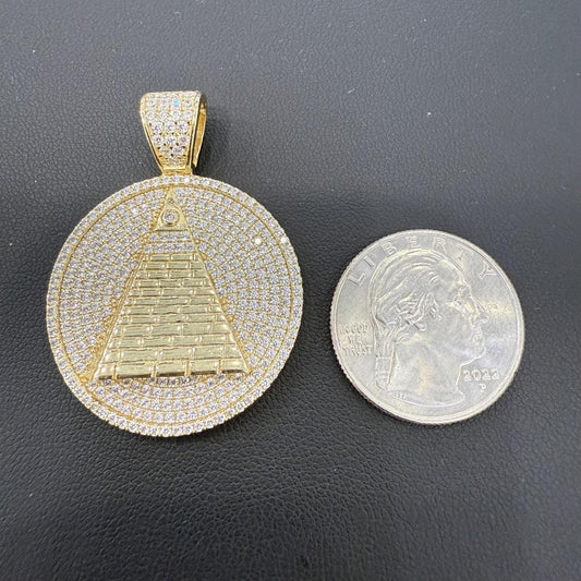 925 Sterling Silver Gold Plated CZ Pyramid All Seeing Eye Pendant Round Charm