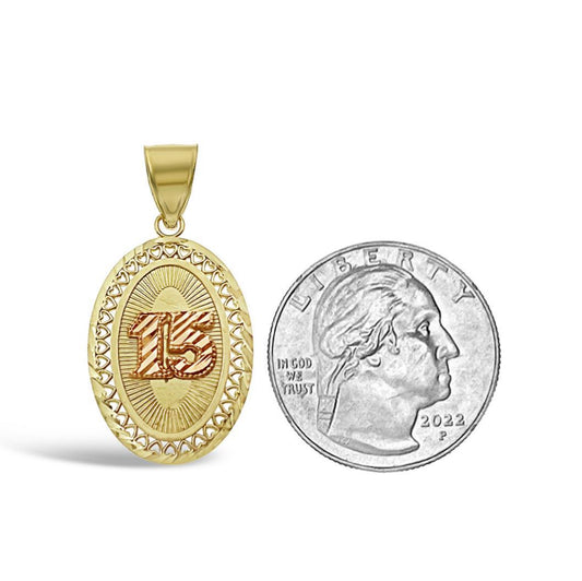 Quinceanera 15 Anos Birthday Pendant 10k Yellow Rose Gold Charm Oval 1.3 inch