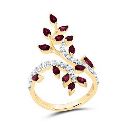 Natural Ruby Marquise & Round Diamond Bypass Leaf Ring 14k Yellow Gold 2 Cttw