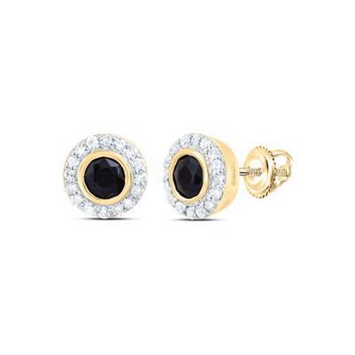 Black Onyx Diamond Halo Stud Earrings 10K Yellow Gold Screw Back
