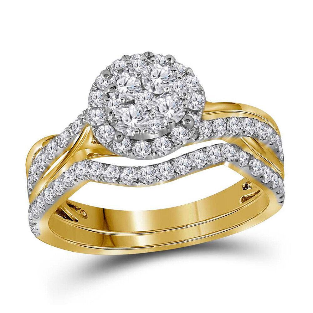 1ctw Diamond Round Cluster Halo Bridal Wedding Set 14K Yellow Gold