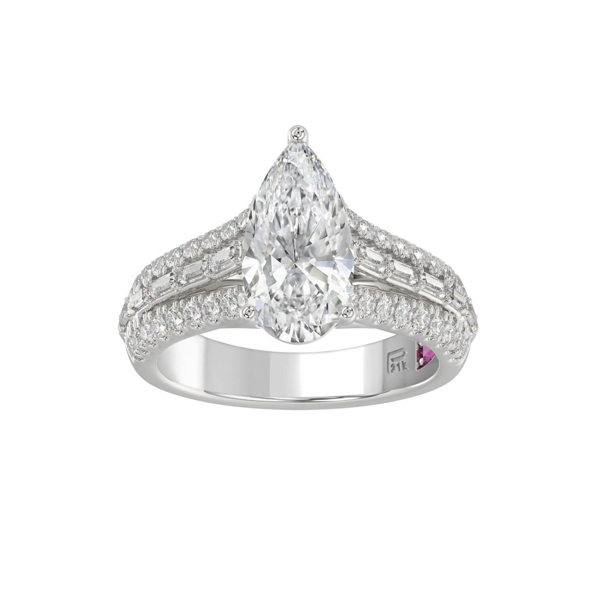 2.75 cttw Lab Grown Pear Baguette Diamond IGI Engagement Ring 950 White Platinum