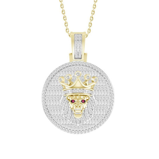 1 ctw Baguette Round Diamond Lion King Crown Pendant 10k Yellow Gold Mens