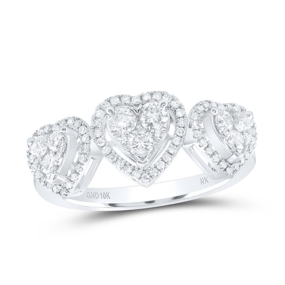 0.50ctw Round Diamond Three Hearts Band Ring 10k White Gold