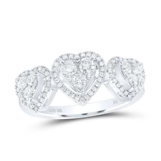0.50ctw Round Diamond Three Hearts Band Ring 10k White Gold Womens