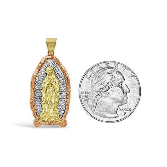 10K Gold Saint Barbara Religious Halo Pendant Tri Color 1.4 in