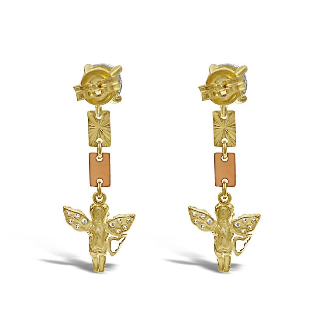 14k Yellow Rose Gold Angel Drop Dangle Stud Earrings 1.4 inch