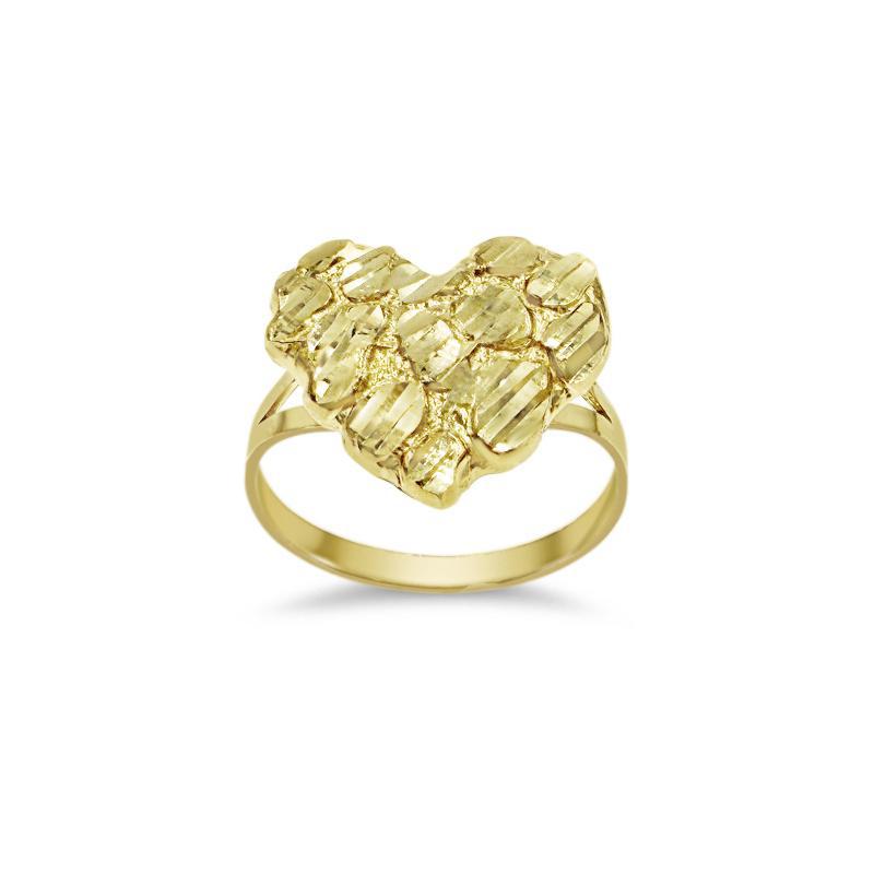 10K Yellow Gold Nugget Heart Ring Women Real Gold Textured Statement Jewelry